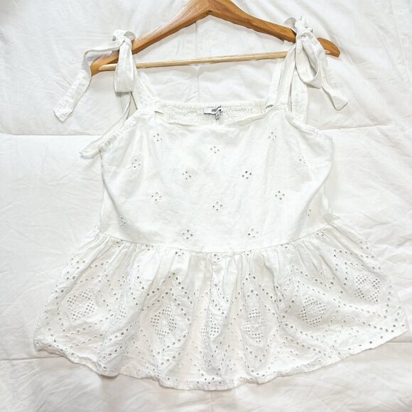 Madewell Rosalie White Tie-Strap Geometric Eyelet Peplum Top Women’s Large - Picture 8 of 8
